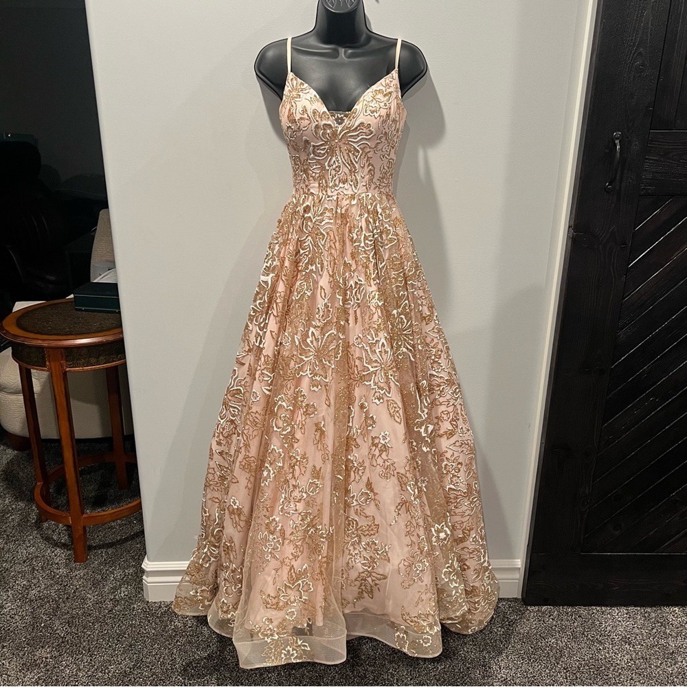 J'ADORE EVENING Blush Pink, White, Gold Evening Grad Prom Dress Floral Size 6 - Picture 3 of 16